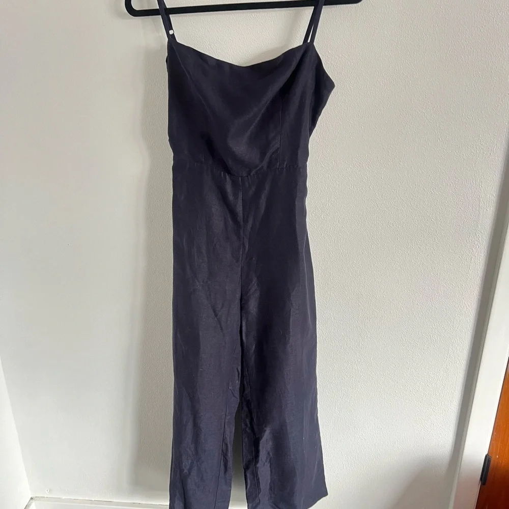 Reformation Navy Linen Jumpsuit Open Tie Back, size 6